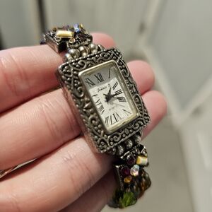 Vintage Jennie B Silver Tone Beaded Crystal Watch Bracelet - Silver